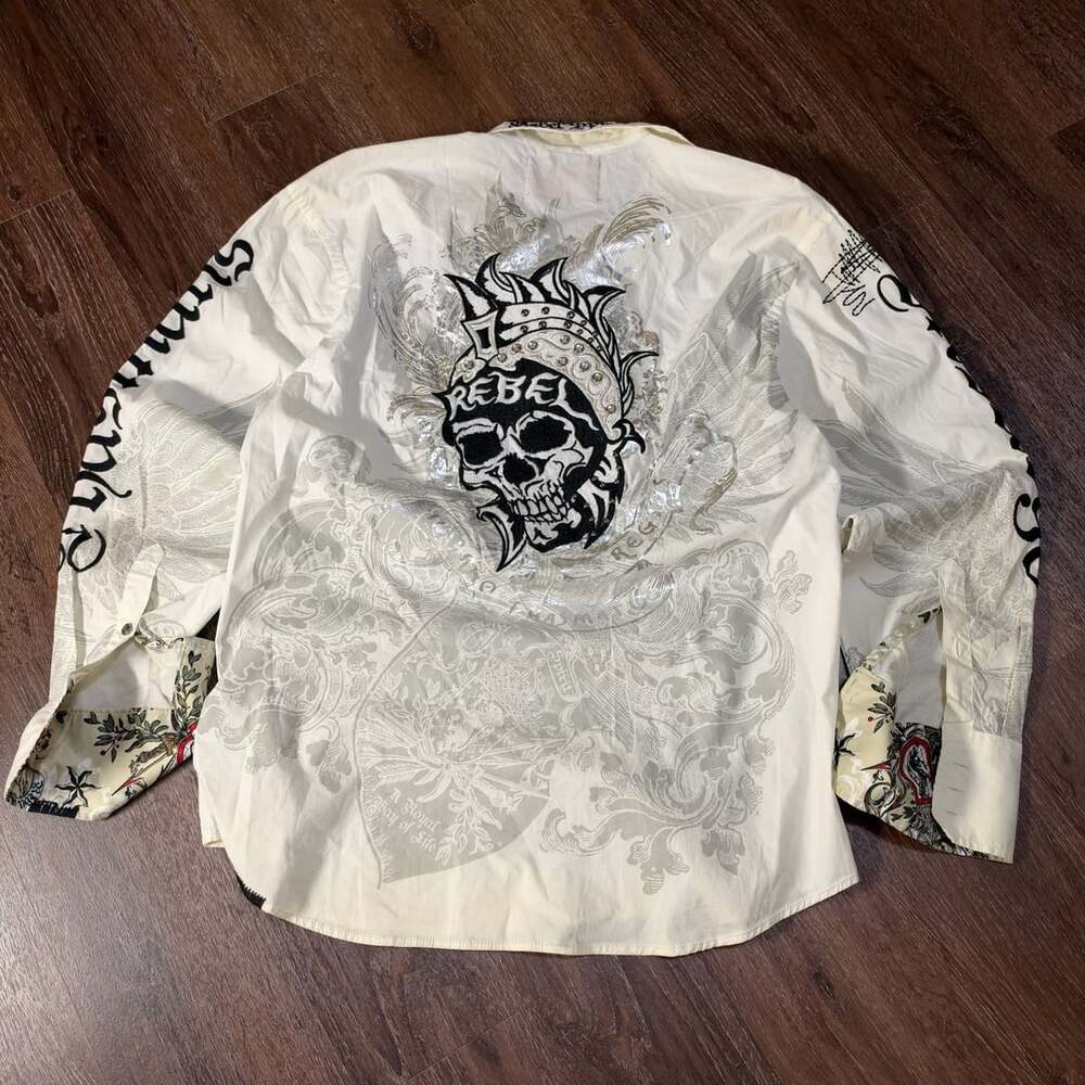 Rebel Spirit Long Sleeve Button Down Shirt Size XL White Graphic Skull